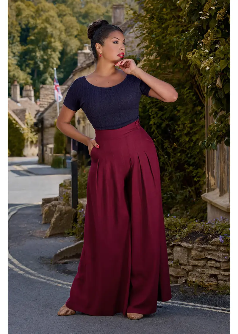 Miss Candyfloss Harper 40's Palazzo Trousers Burgundy