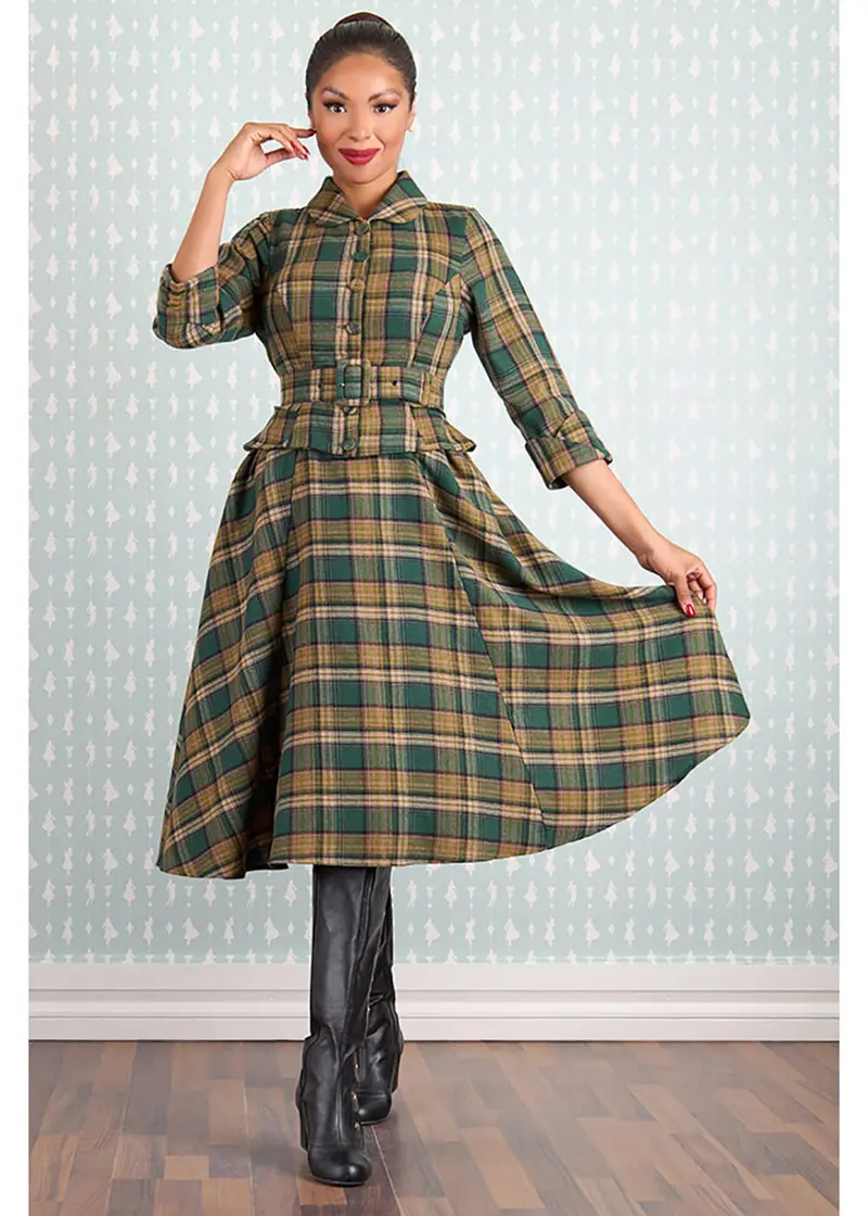 Miss Candyfloss Helioise Tartan 40s Swing Dress Green