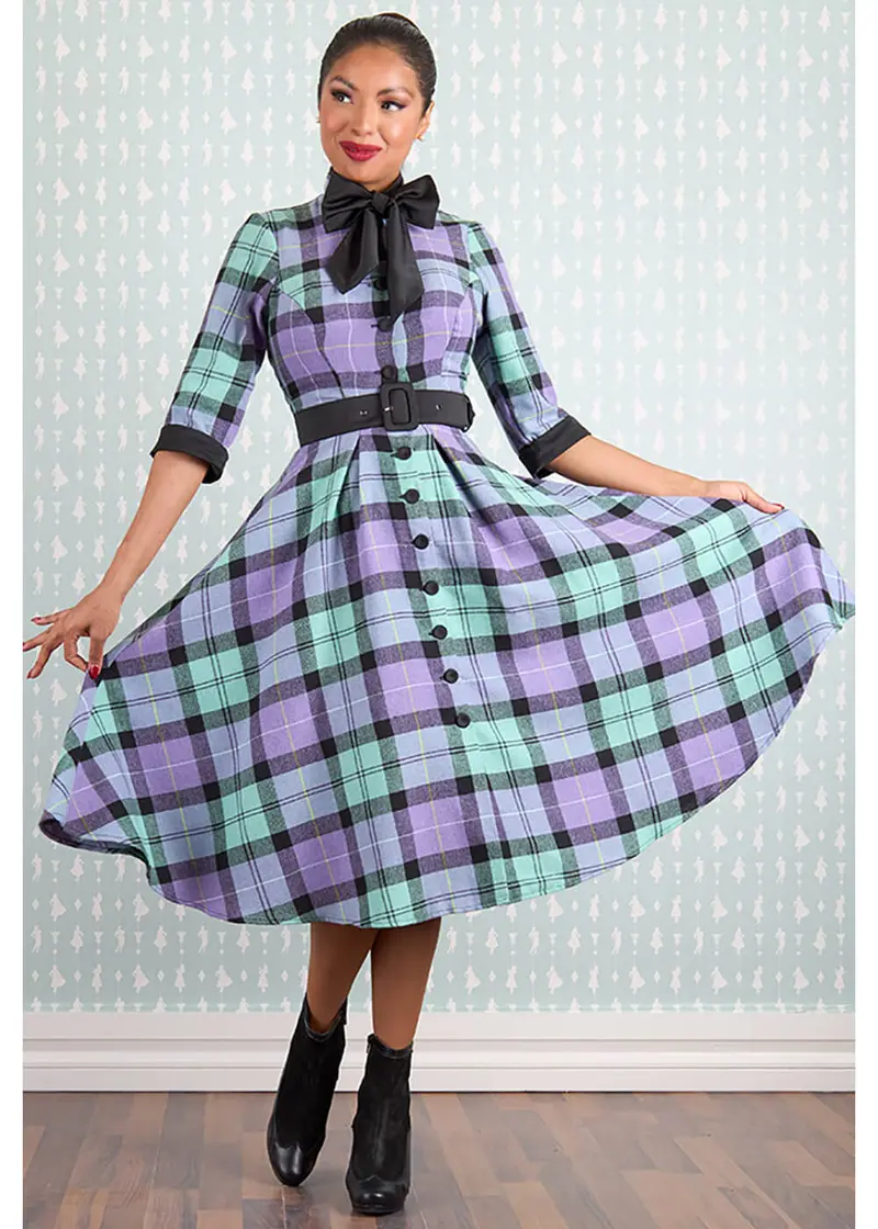 Miss Candyfloss Leana Tartan 40s Swing Dress Purple