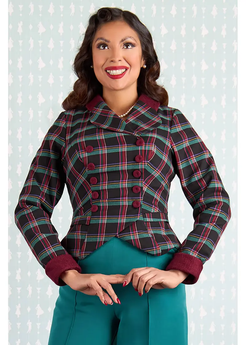 Miss Candyfloss Marwa Kat Tartan 40s Blazer Jacket Petrol