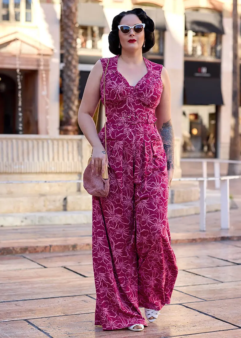 Miss Candyfloss Zara Floral 70's Jumpsuit Fuchsia