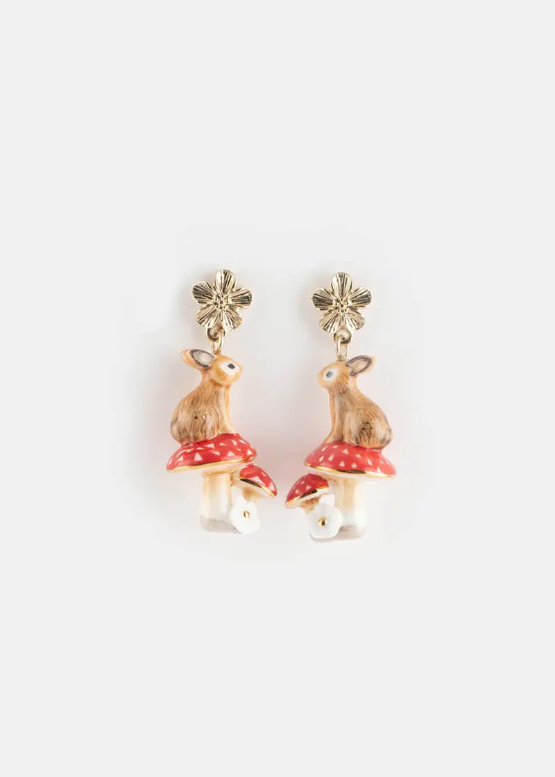 Nach Dangling Rabbit and Mushrooms Earrings