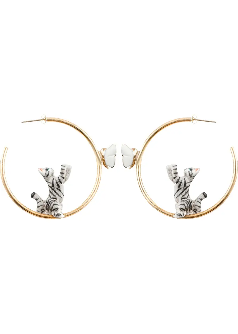 Nach Playing Cat Black White Hoop Earrings