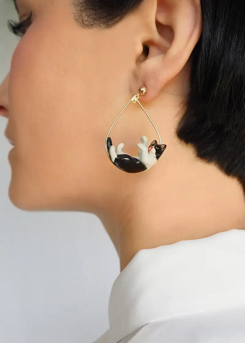Nach Playing Tabby Cat Half-Moon Earrings
