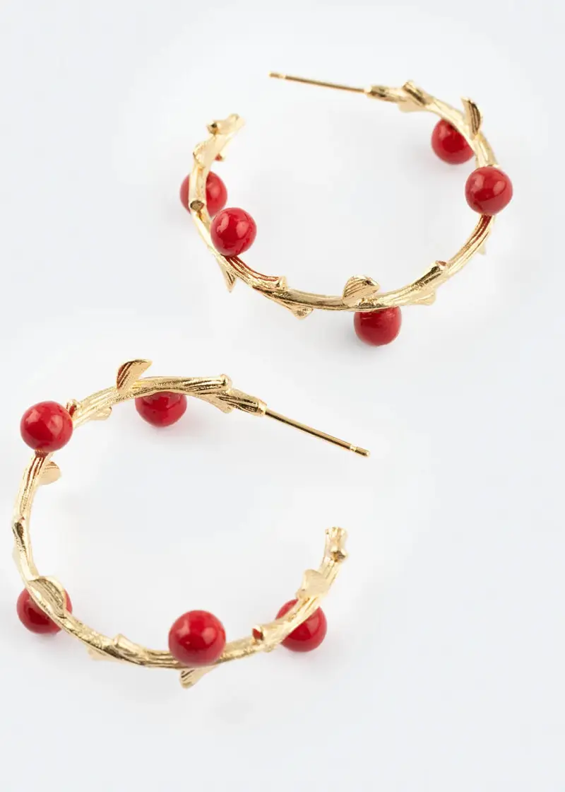 Nach Red Berries Branch Hoop Earrings
