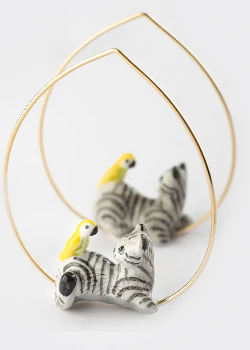 Nach Tabby Cat & Bird Hoop Earrings