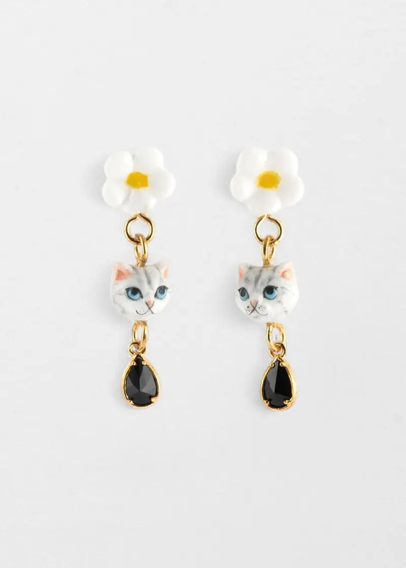 Nach Tabby Grey Cat & Flower Earrings