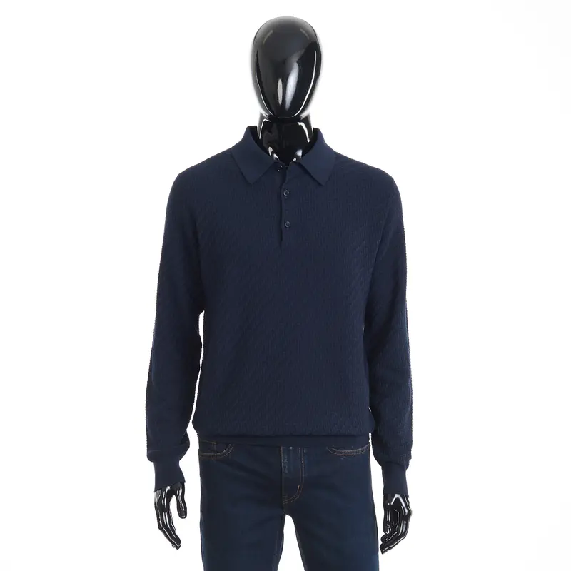 Navy Blue Cotton, Silk And Cashmere Trama Weave Polo Sweater