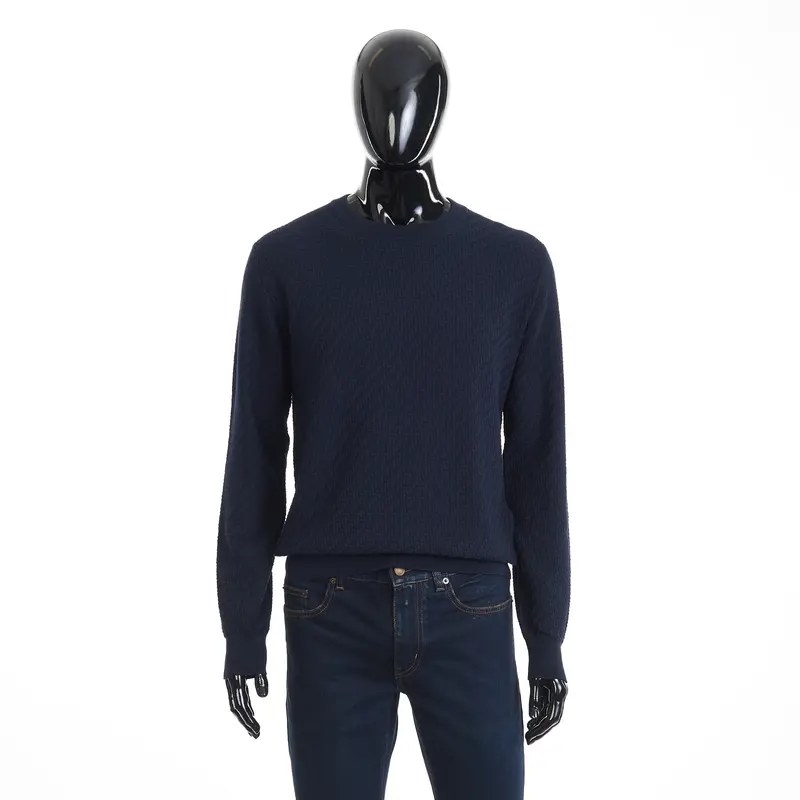 Navy Blue Crewneck Sweater - Trama Weave Cotton Silk & Cashmere