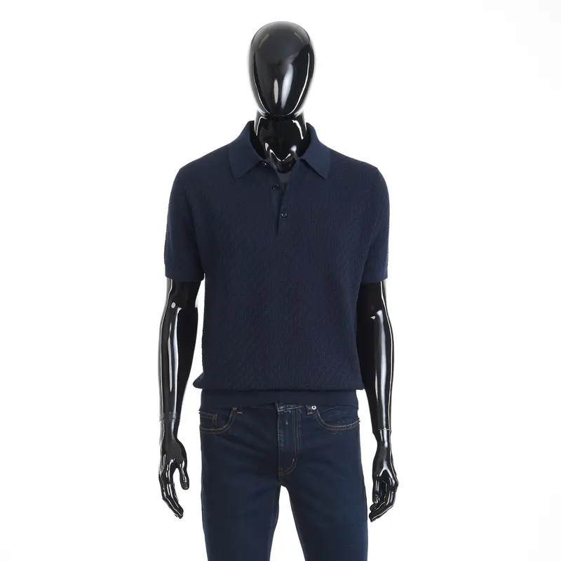 Navy Blue Polo Shirt - Trama Weave Cotton Silk & Cashmere