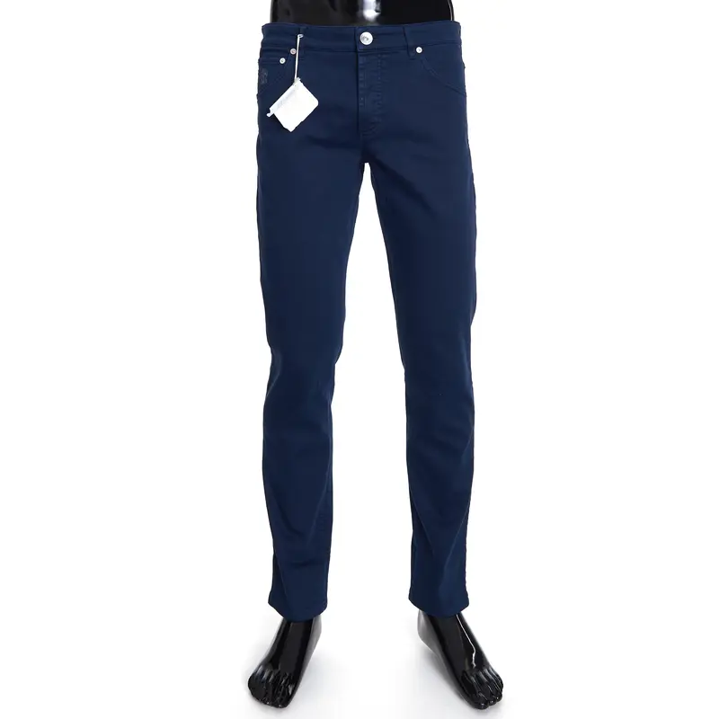 Navy Blue Stretch Denim Trousers - Slim Fit, Five-Pocket