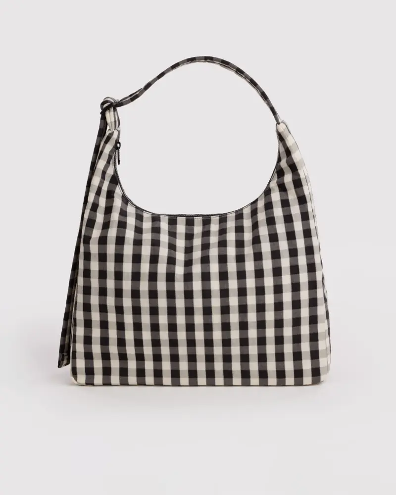 Nylon Shoulder Bag - Black & Cream Gingham