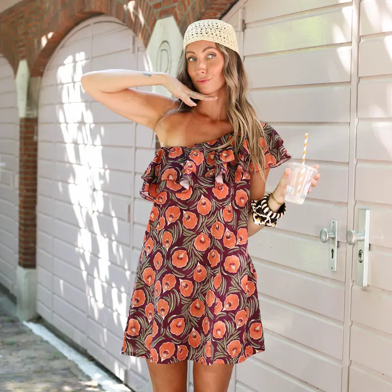 Off shoulder jurk poppy paars