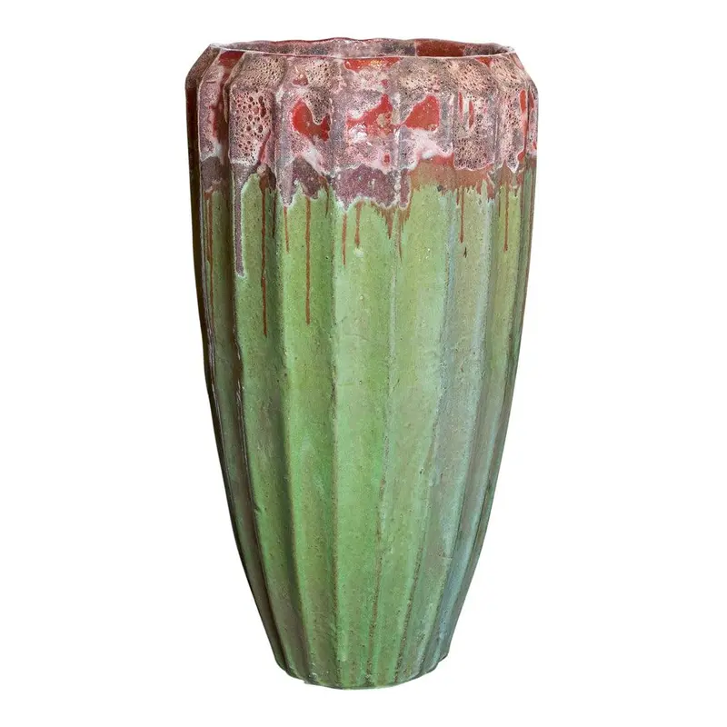 Olver Green ceramic pot ribbed structure round L PTMD