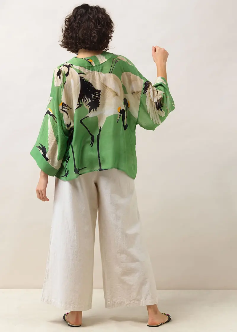 One Hundred Stars Stork Short Kimono Pea Green