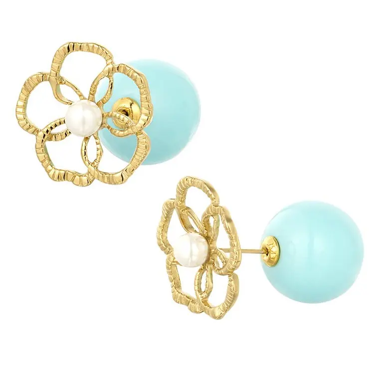Oorbellen Bloem Parel goud blauw