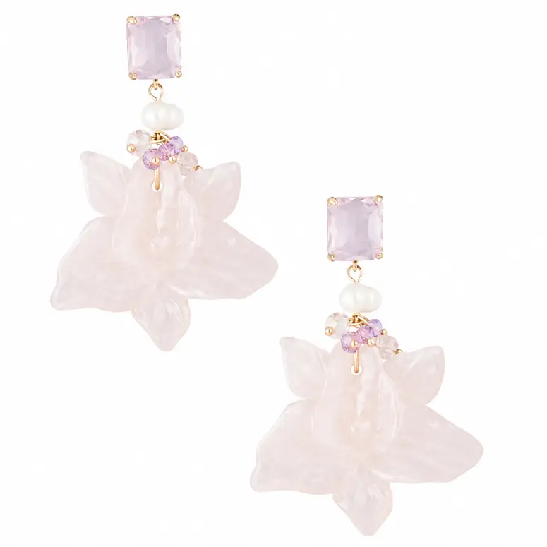 Oorbellen Bloemen Parel Feest goud babyroze