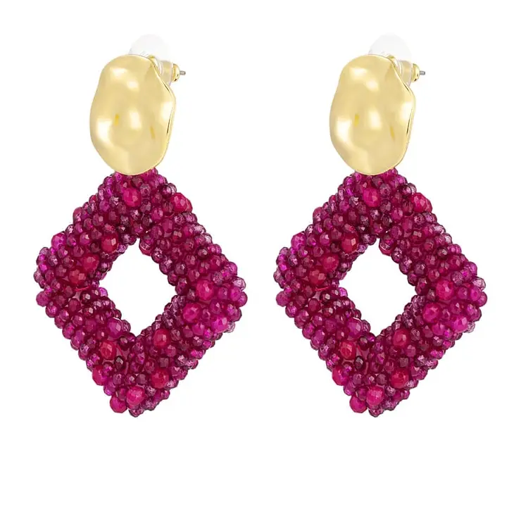 Oorbellen Glaskralen Ruit goud fuchsia