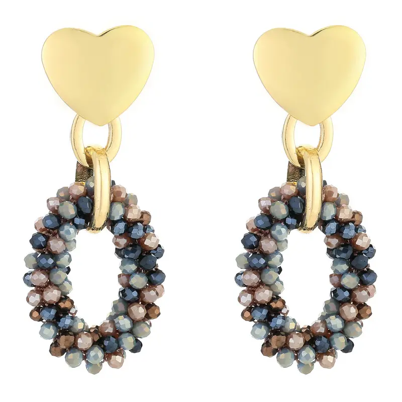 Oorbellen Kralen Love goud donkerblauw mix