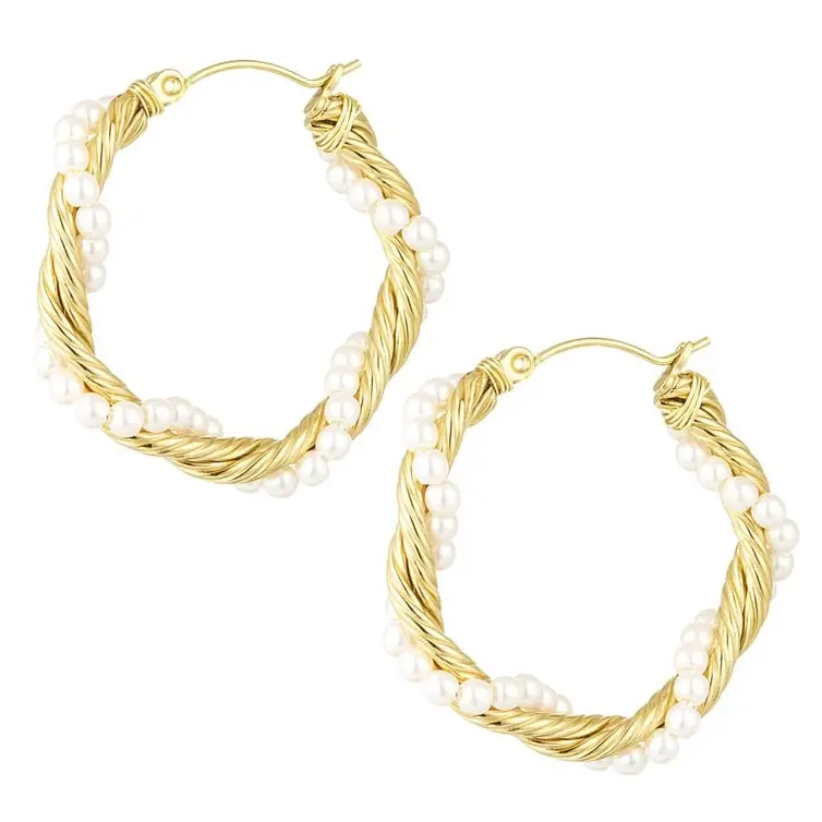 Oorbellen Twisted Rope rond met Parels goud