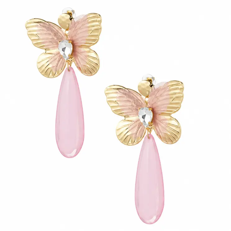 Oorbellen Vlinder Bedel met Diamant goud roze