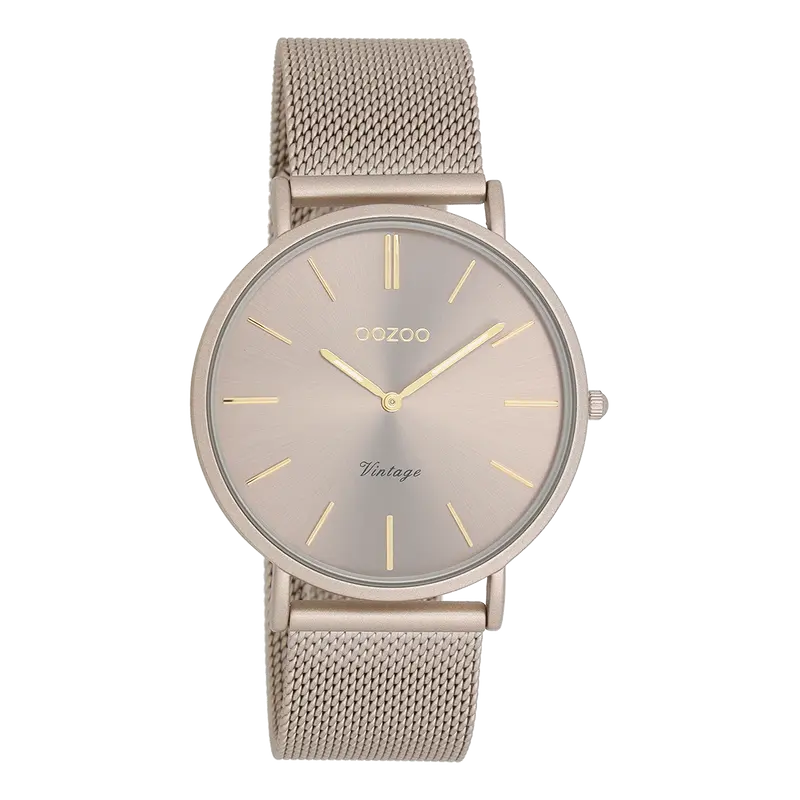 OOZOO Dames Taupe horloge met taupe metalen mesh armband C20336 (40mm)