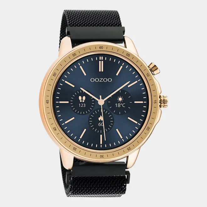 OOZOO Smartwatches - unisex - metal mesh strap black with rose gold case Q00308