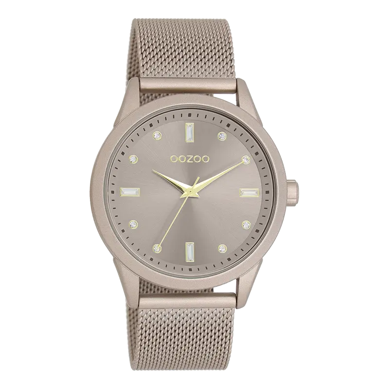 OOZOO - Taupe horloge met metalen mesh armband - C11358