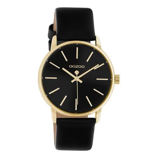 OOZOO Timepieces - Goudkleurige horloge met zwarte leren band - C10840 (36mm)