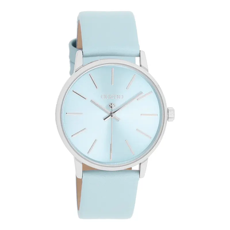 OOZOO Timepieces - Zilverkleurige horloge met licht blauwe leren band - C11369 (36mm)