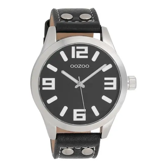 OOZOO Timepieces - Zilverkleurige horloge met zwarte leren band - C1054 (46mm)