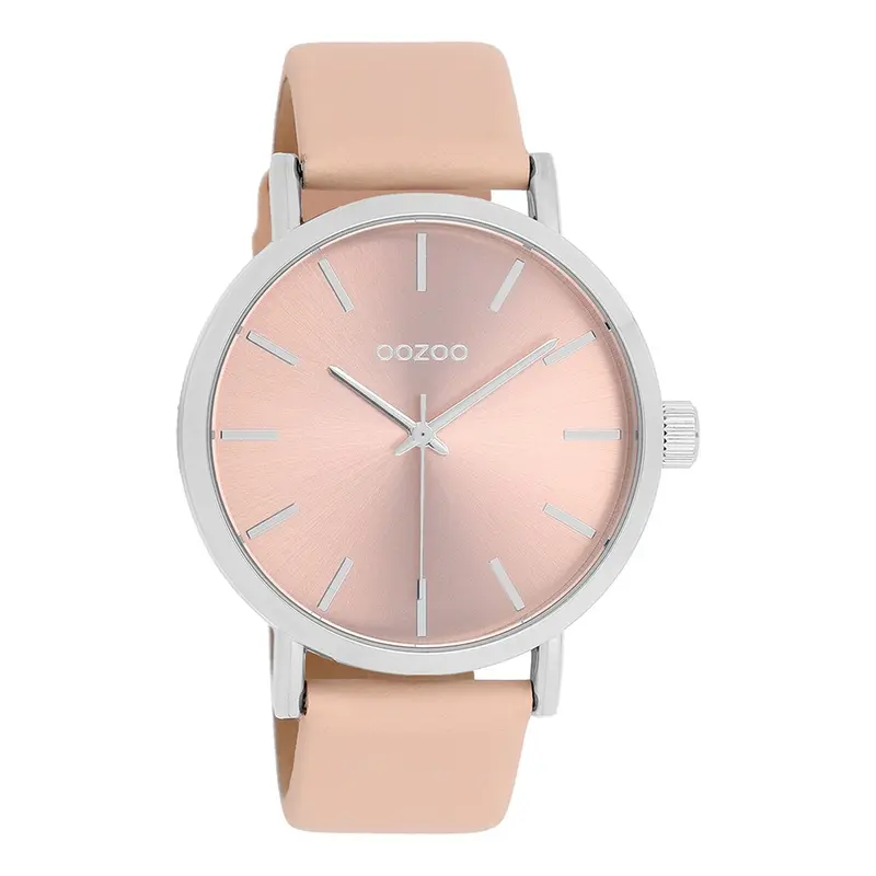 OOZOO Timepieces - Zilverkleurige OOZOO horloge met perzik crème leren band - C11193 (42mm)
