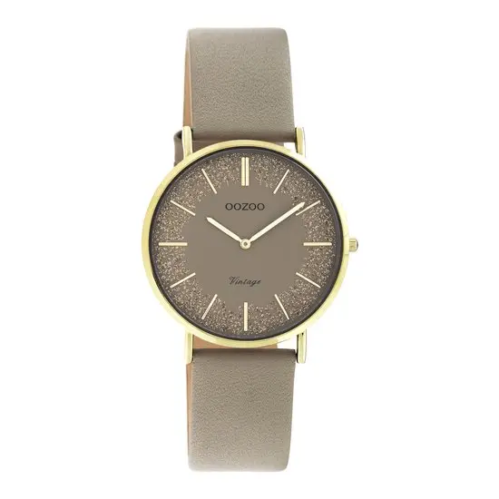 OOZOO Vintage series - goudkleurige horloge met taupe leren band - C20184 (32mm)
