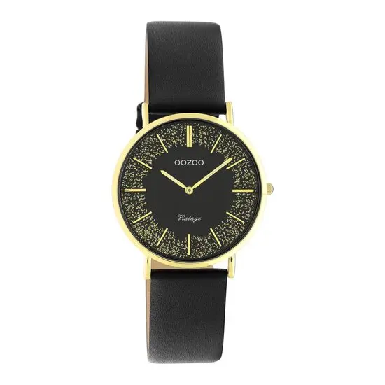 OOZOO Vintage series - goudkleurige horloge met zwarte leren band - C20187 (32mm)
