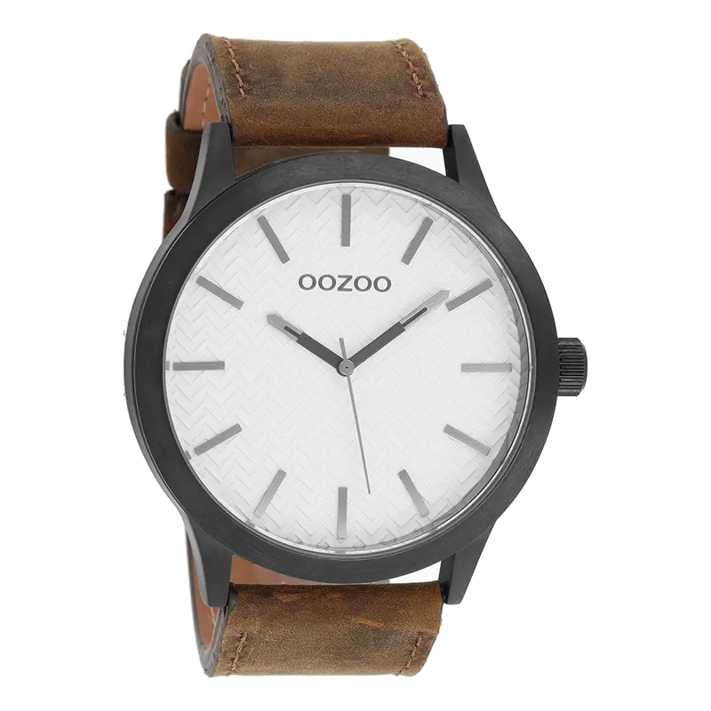 Oozoo Zwarte horloge met donker bruine leren band - C9011