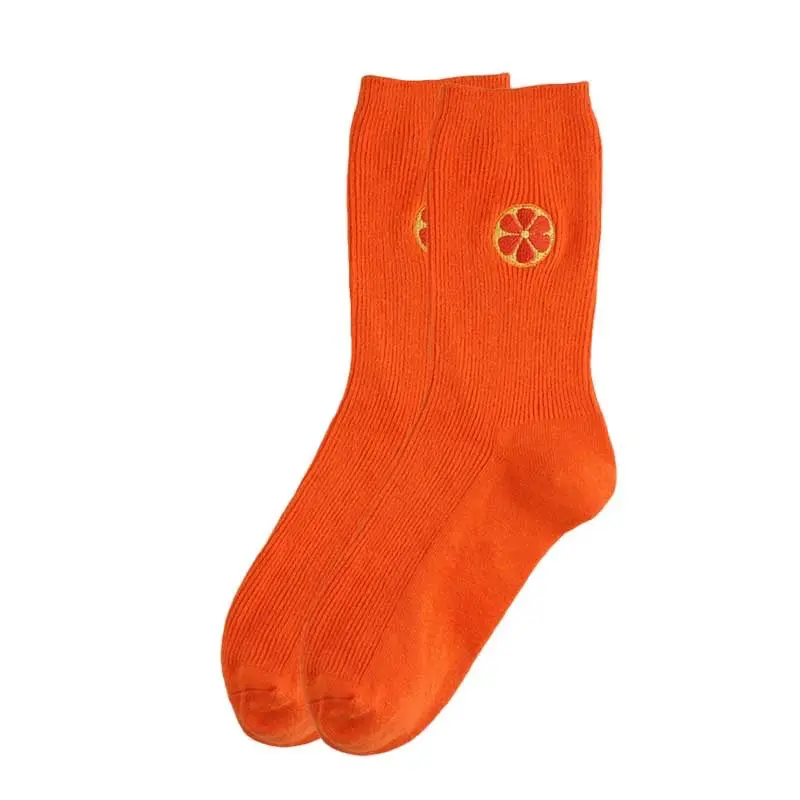 Orange Embroidery Ribbed Crew Socks