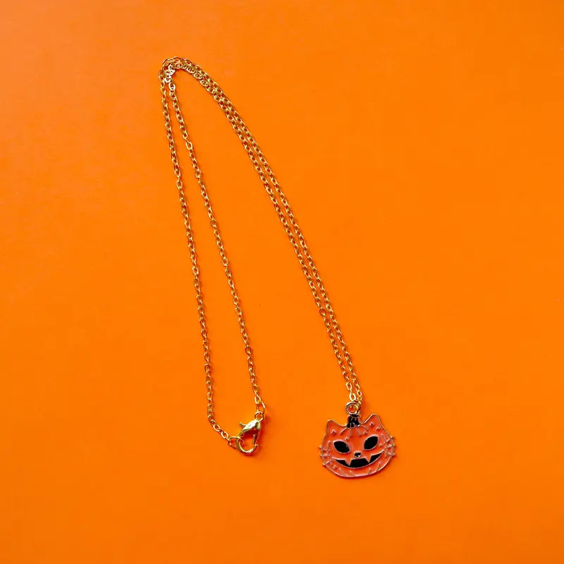 Orange Jack-O-Lantern Cat Pumpkin Charm Necklace