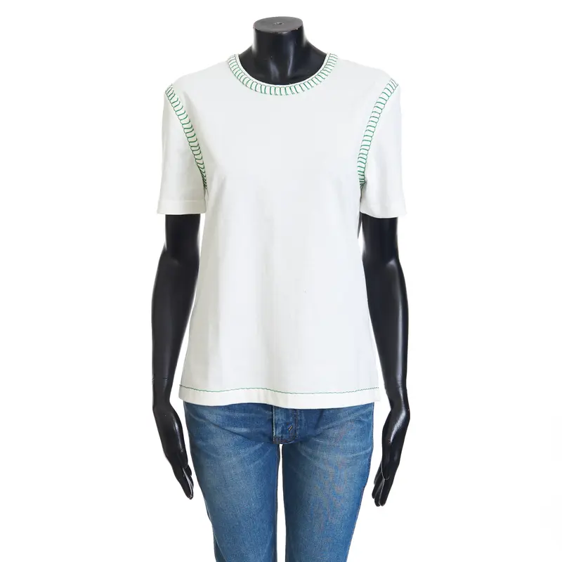 Overlock Tshirt In White Cotton & Green Stitch Detailing
