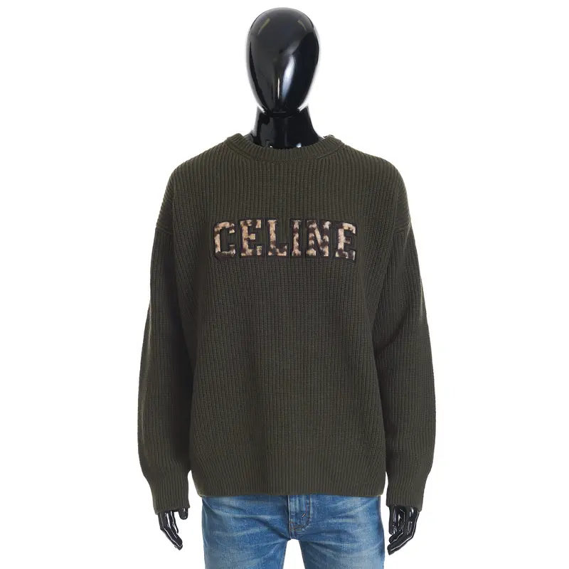 Oversized Crewneck Sweater In Khaki Ribbed Wool with Celine Embroidery