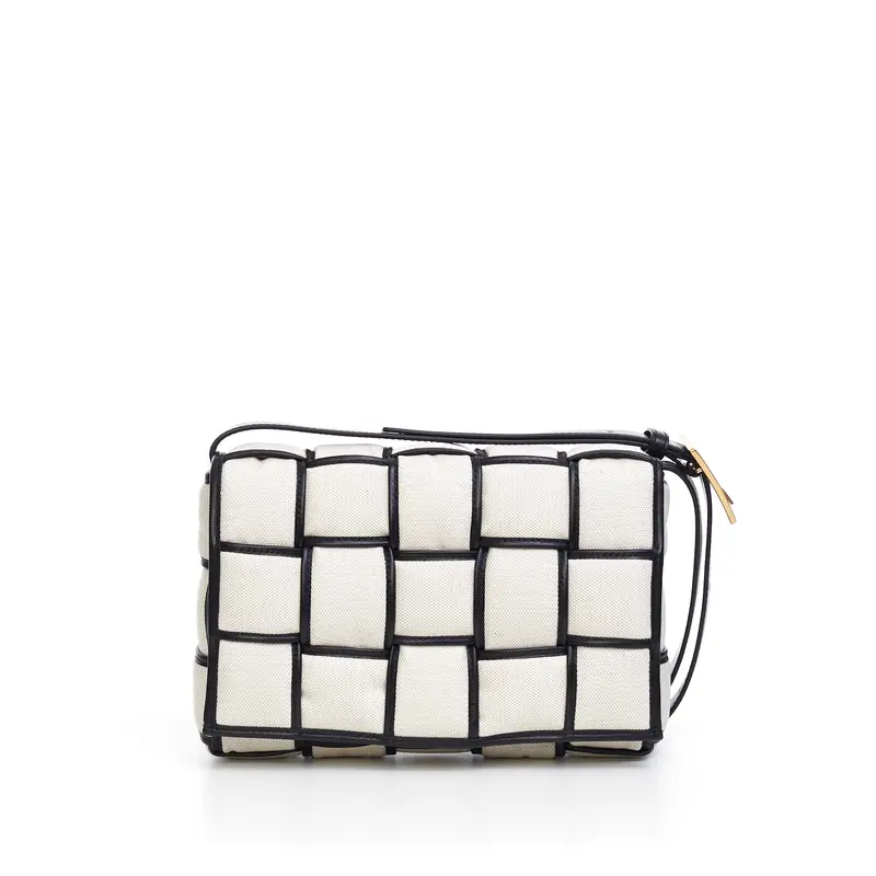 Padded Cassette Cross-Body Bag In Natural/Black Intreccio Canvas