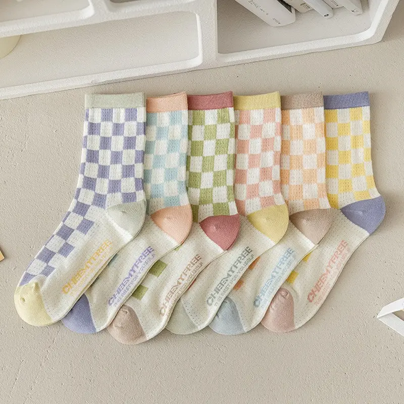 Pastel Checkerboard Pattern Crew Socks (6 Colours)