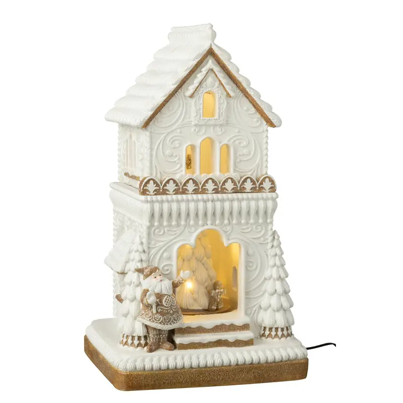 Peperkoekenhuis Led + Kerstman Kalk Beige/Wit J-Line