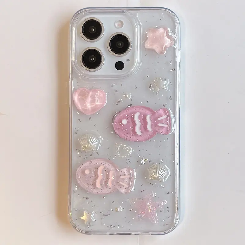 Pink 3D Fish and Stars Resin iPhone Case