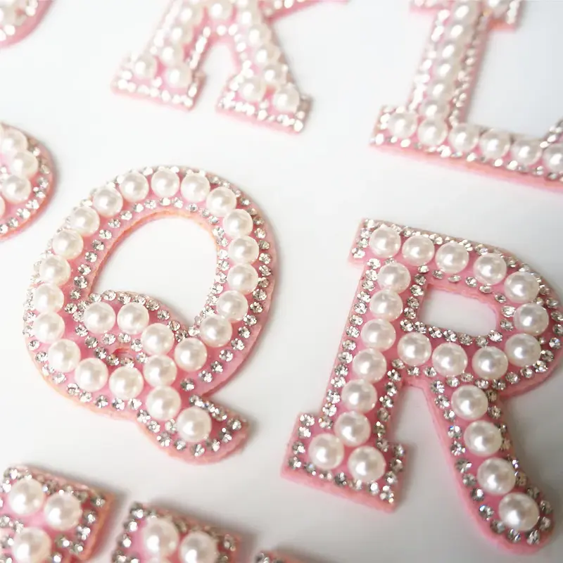 Pink A-Z Rhinestone Pearl Iron-On Patches