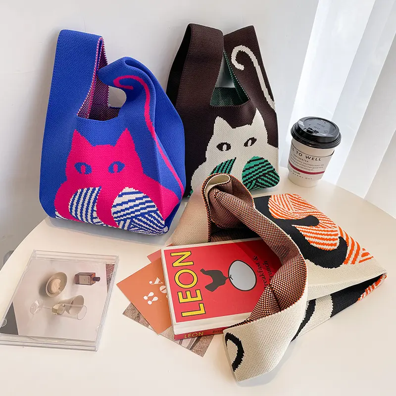 Playful Cat Knitted Mini Lunch Tote (3 Colours)