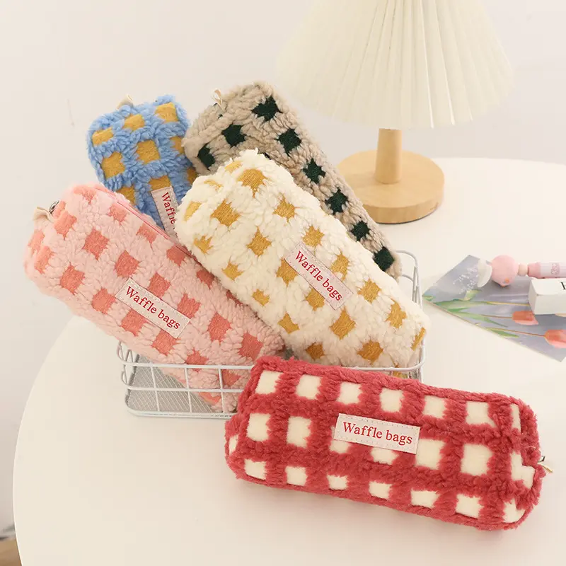 Plush Gingham Waffle Print Pencil Case (5 Colours)