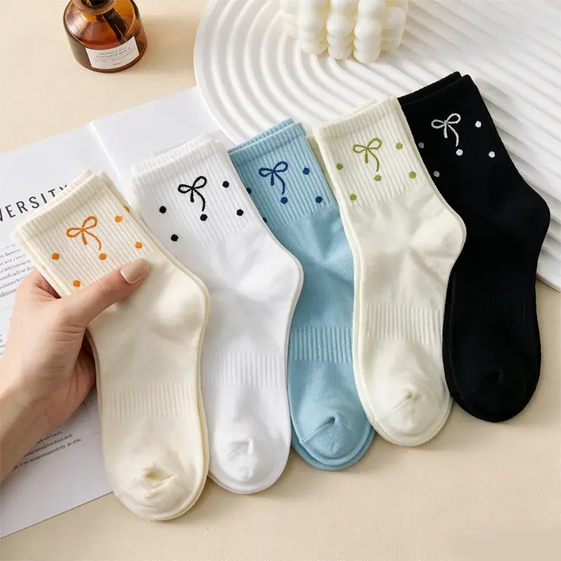 Polka Dot Bow Crew Socks, Set of 5
