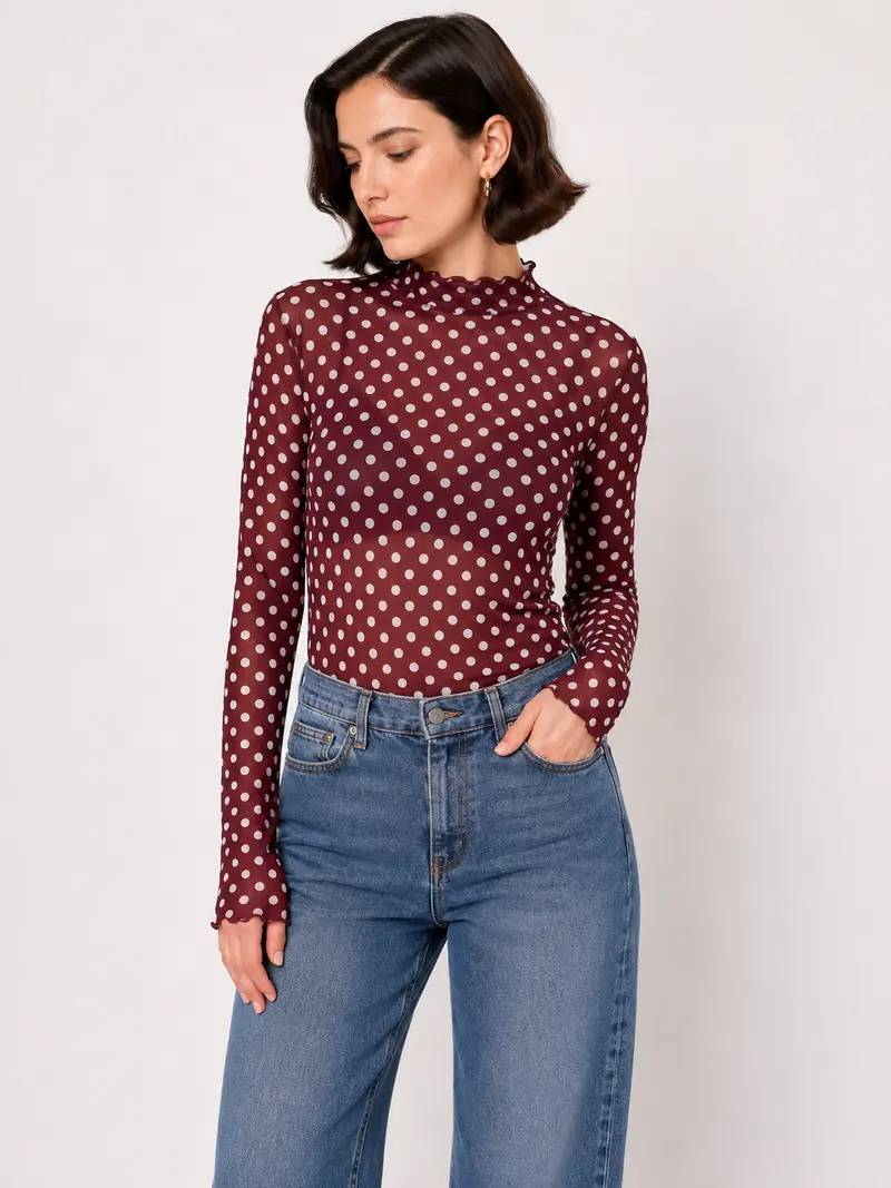 Polka dot mesh longsleeve bordeaux