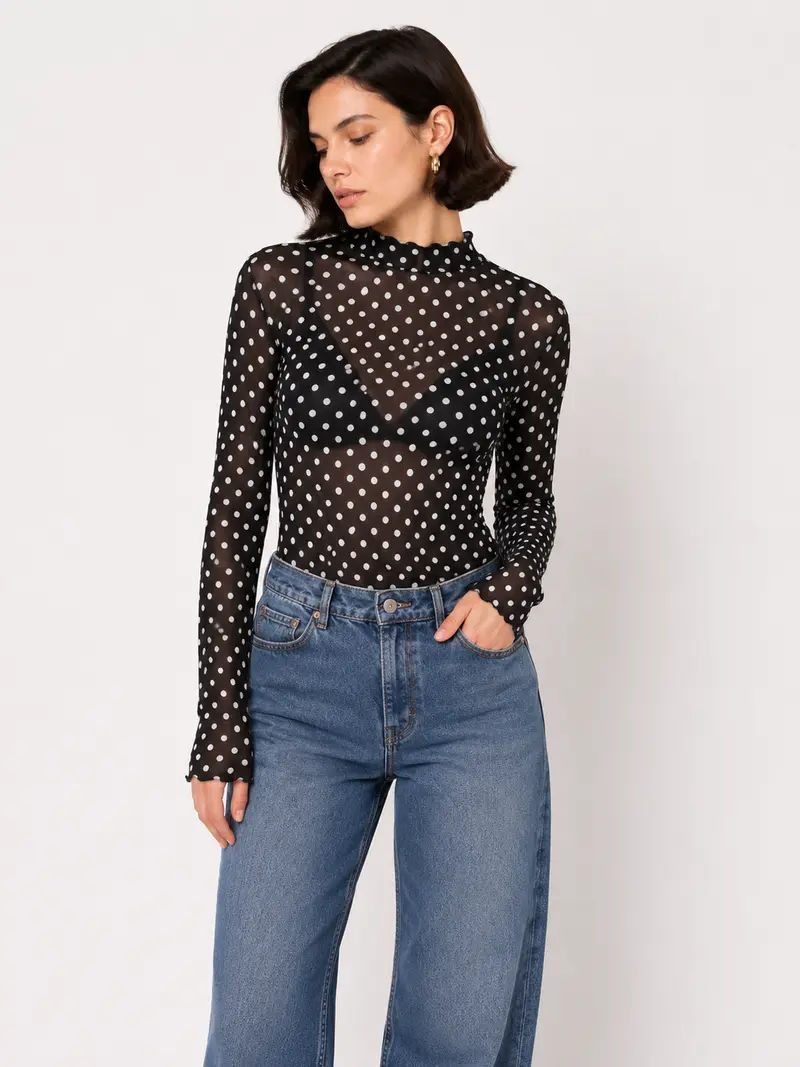 Polka dot mesh longsleeve zwart