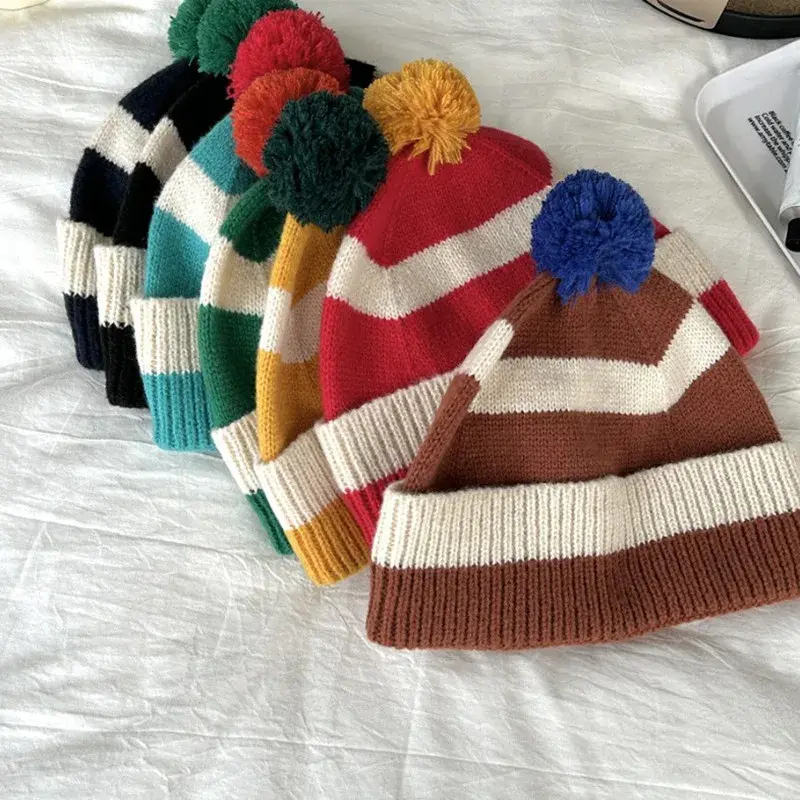 Pom Pom Striped Beanie Hat (9 Colours)